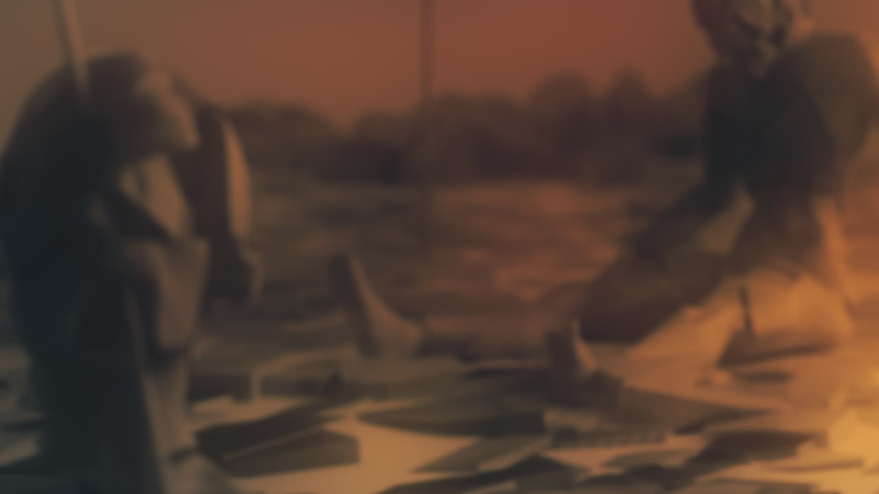 Destroyed andorids on a junkyard in yellow light