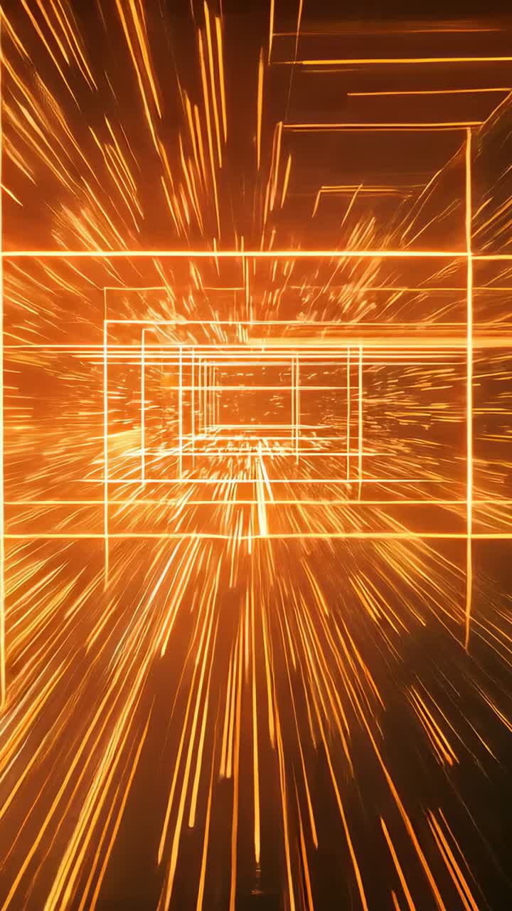 Vertical video: Animating wireframe tunnel racing orange streaks after rectangle appearing in void