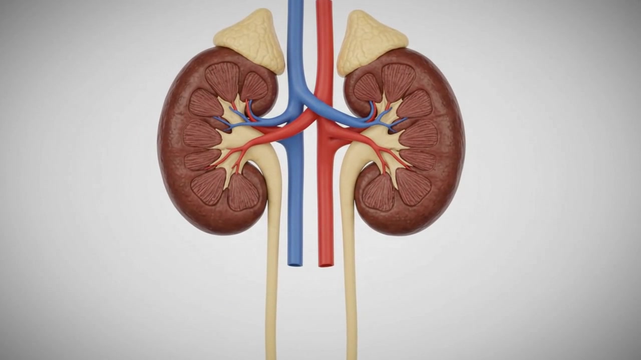 Animazione medica 3D dei reni umani e delle ghiandole surrenali