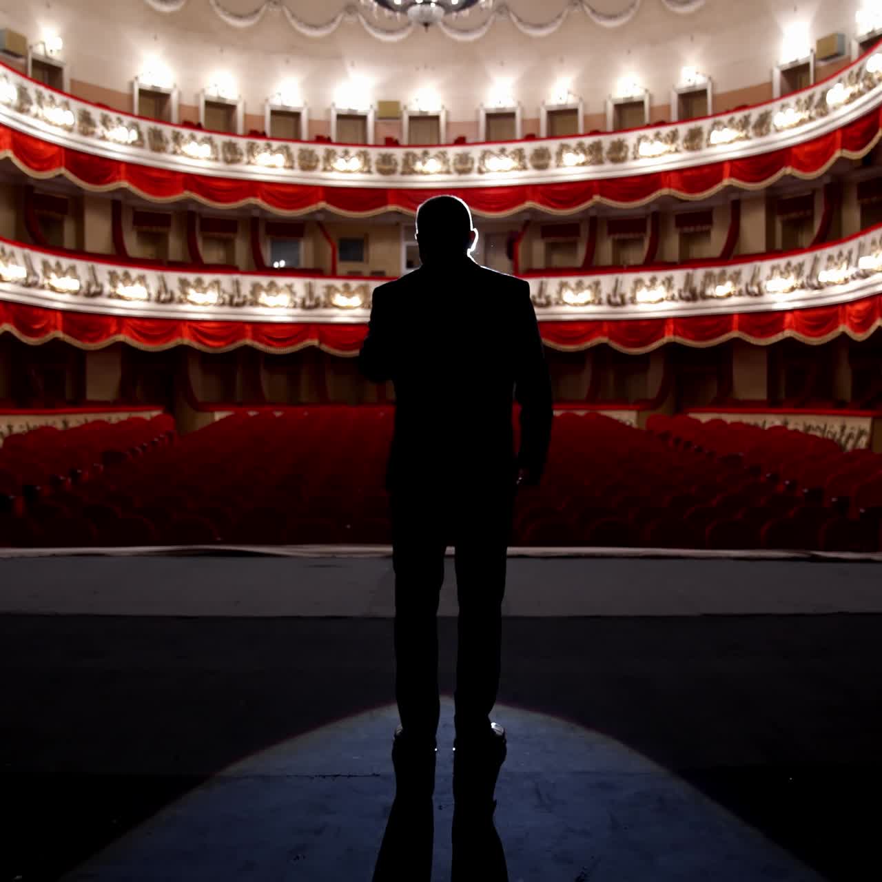 Panoramic view of a theater inside. Rear view of a presenter in the empty theater. Host on stage during the rehearsal
