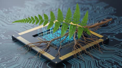 the fusion of nature and technology: a digital circuit board with fern roots, symbolizing the harmony between organic life and modern innovation