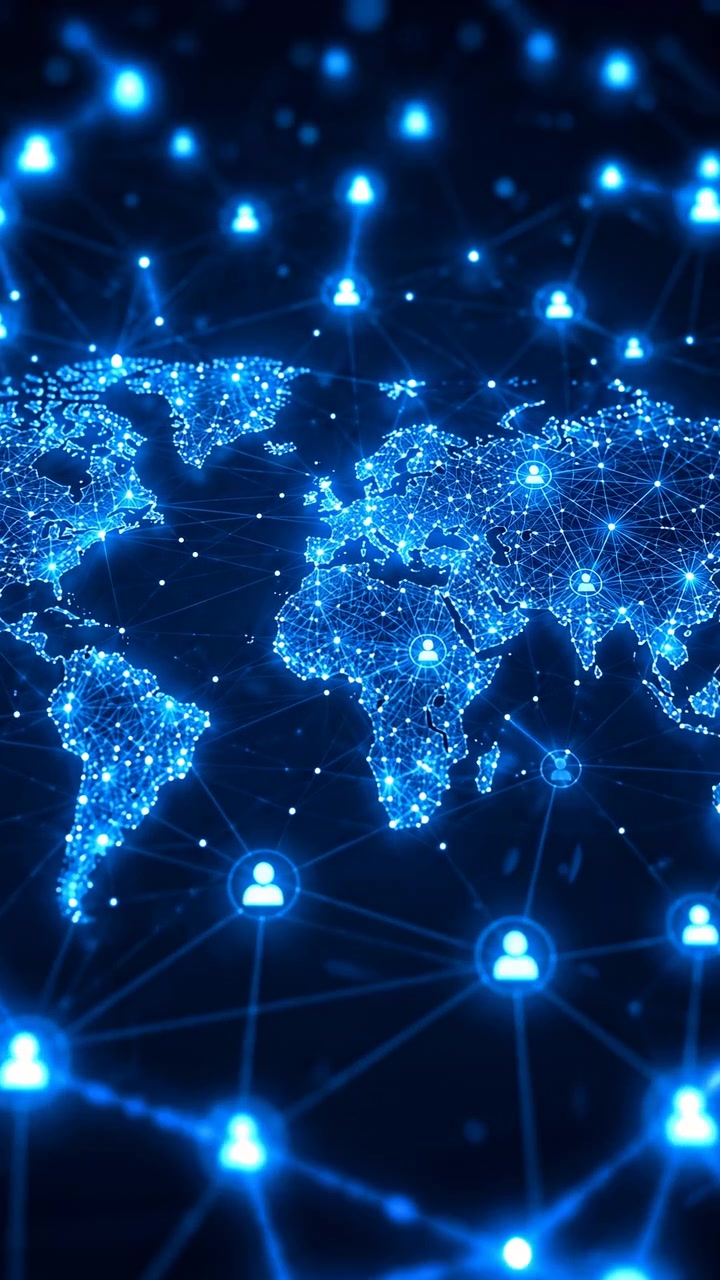 Close-up motion of illuminated world map formed from dense blue point mesh with foreground user icons and connection nodes growing larger and brighter toward viewer, creating layered depth