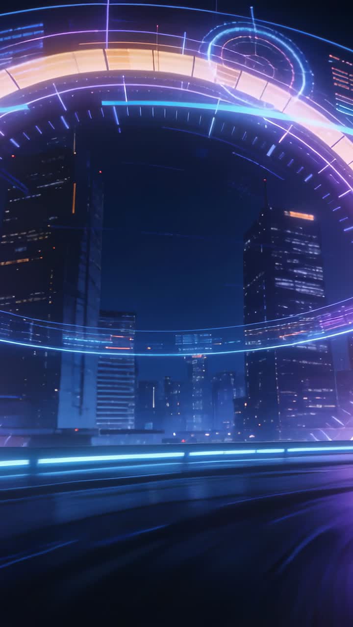 Vertical video: Emerging HUD rings pulsing above curved roadway at night, guiding forward motion