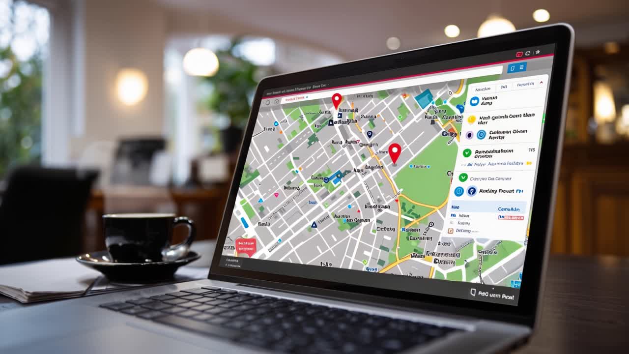 A Laptop Displaying an Interactive Map with Markers and Location Details, Set Against a Cozy Cafe Background with Coffee, Perfect for Navigating Urban Spaces