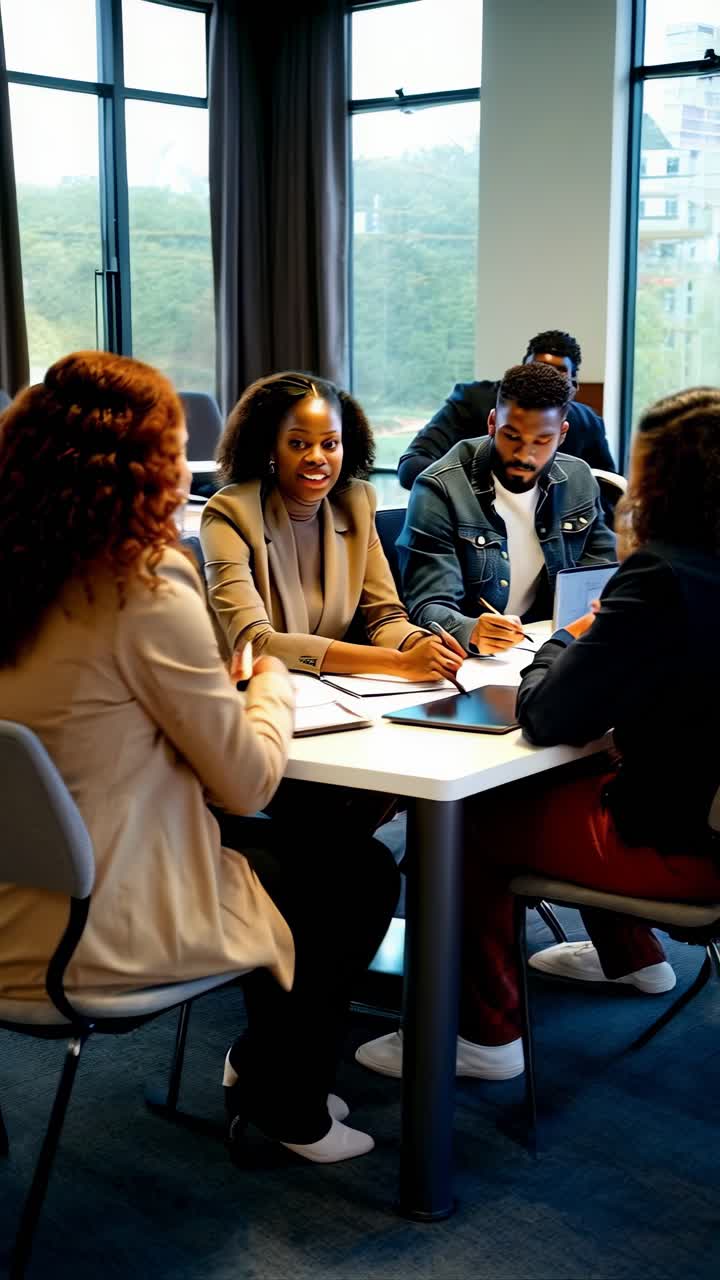 A group of people are sitting around a table, talking and working