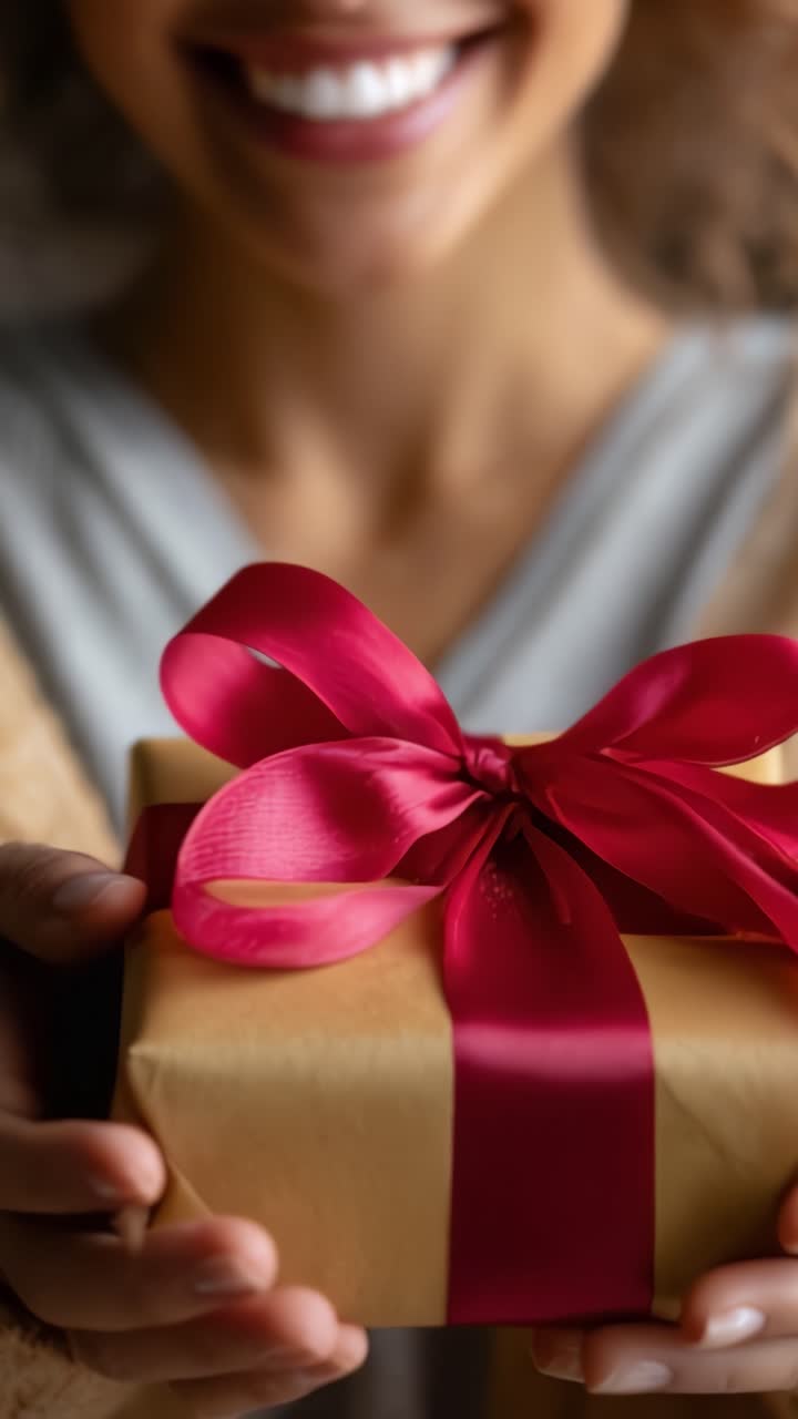 Un momento gioioso di donazione mentre una donna presenta un regalo splendidamente incartato e adornato con un vivace nastro rosso, che simboleggia amore e celebrazione durante le occasioni speciali