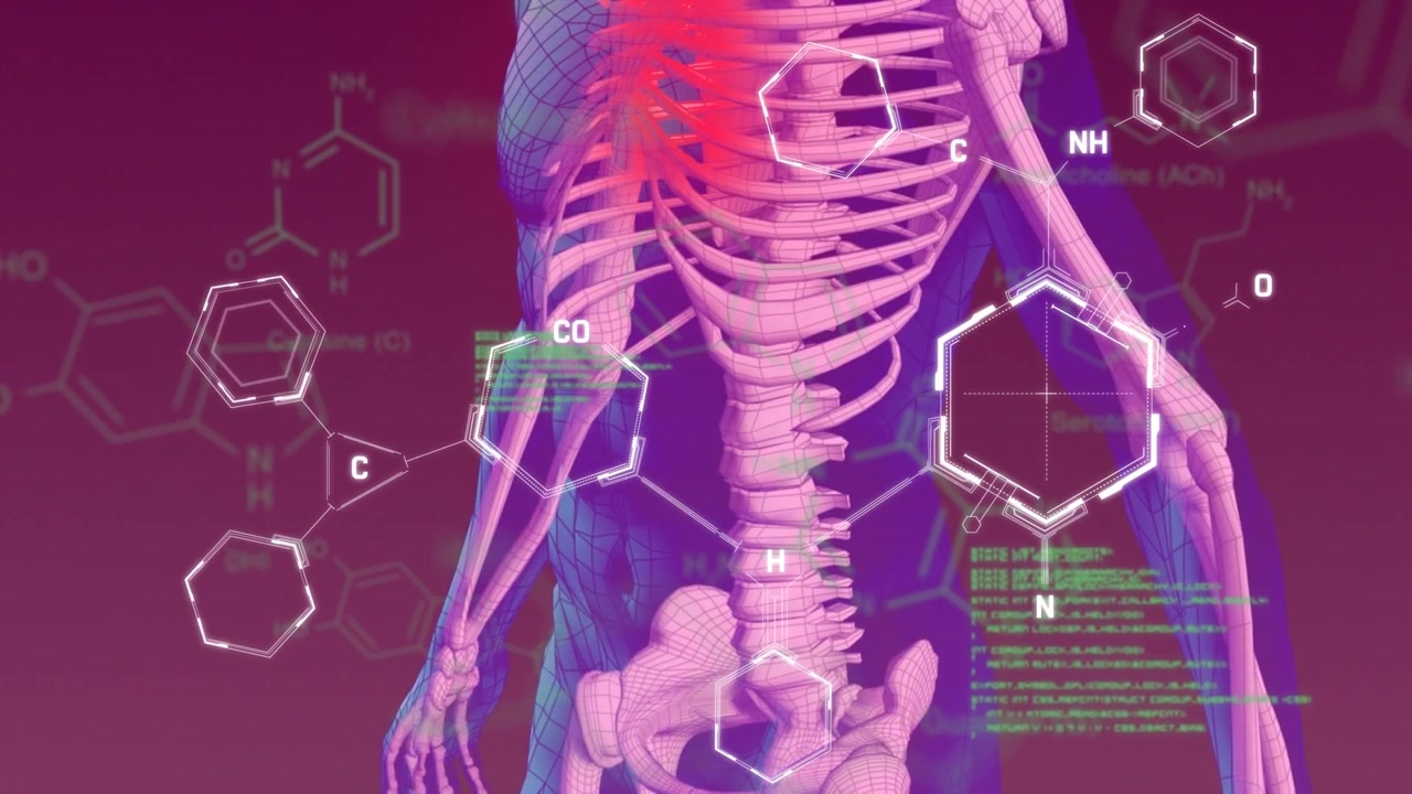 Animation af kemiske formler over en model af en menneskekrop på lilla baggrund