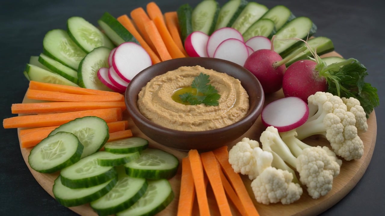 Piatto di verdure fresche con salsa hummus su tagliere di legno