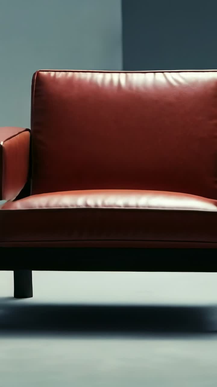 Vertical video: Rotating sequence featuring white lamp, brown chair and yellow table in studio
