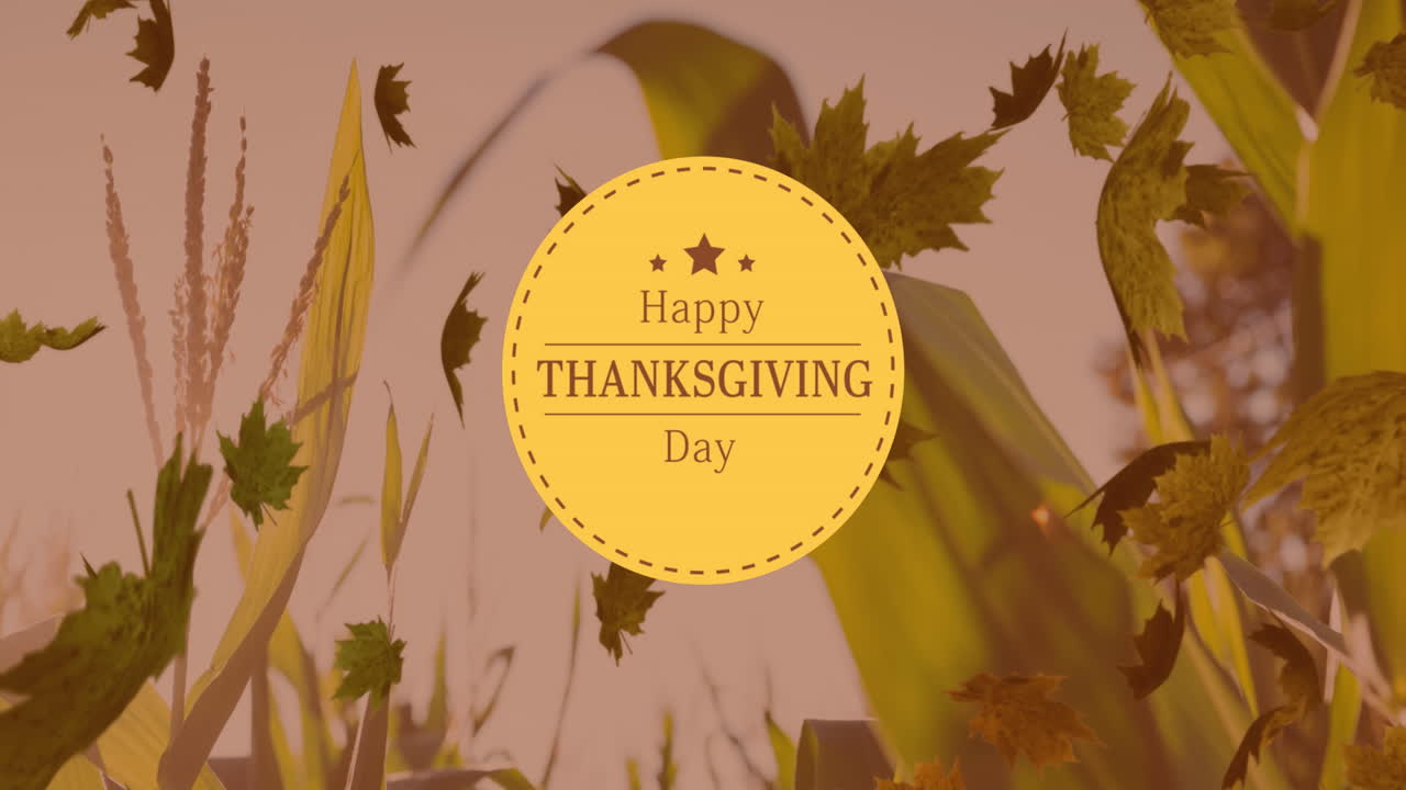 Animation of happy thanksgiving day text on orange circle over blowing leaves and plants