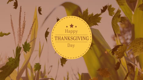 animation of happy thanksgiving day text on orange circle over blowing leaves and plants