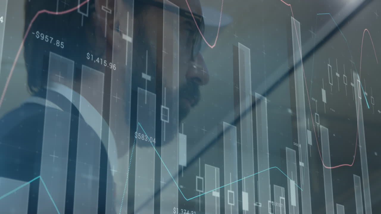 Animazione di statistiche ed elaborazione di dati finanziari in un ufficio.