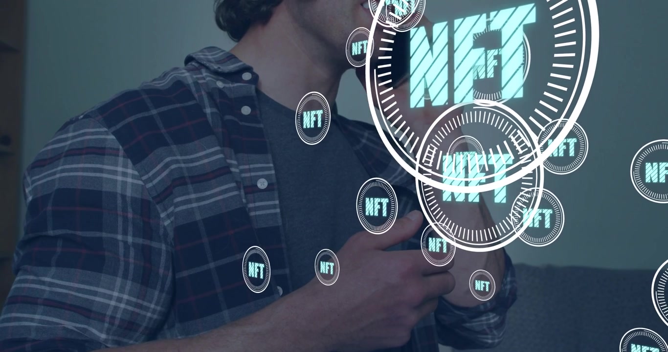 Man bringing phone to ear, gesturing, NFT HUDs growing, obscuring face, linking call to tech market