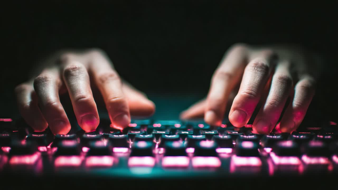 Jari Menari di Atas Keyboard dengan Lampu Latar: Tampilan Jarak Dekat Seni Mengetik di Lingkungan Gelap, Menyoroti Cahaya Memukau dari Setiap Tombol di Bawah Fokus Intens