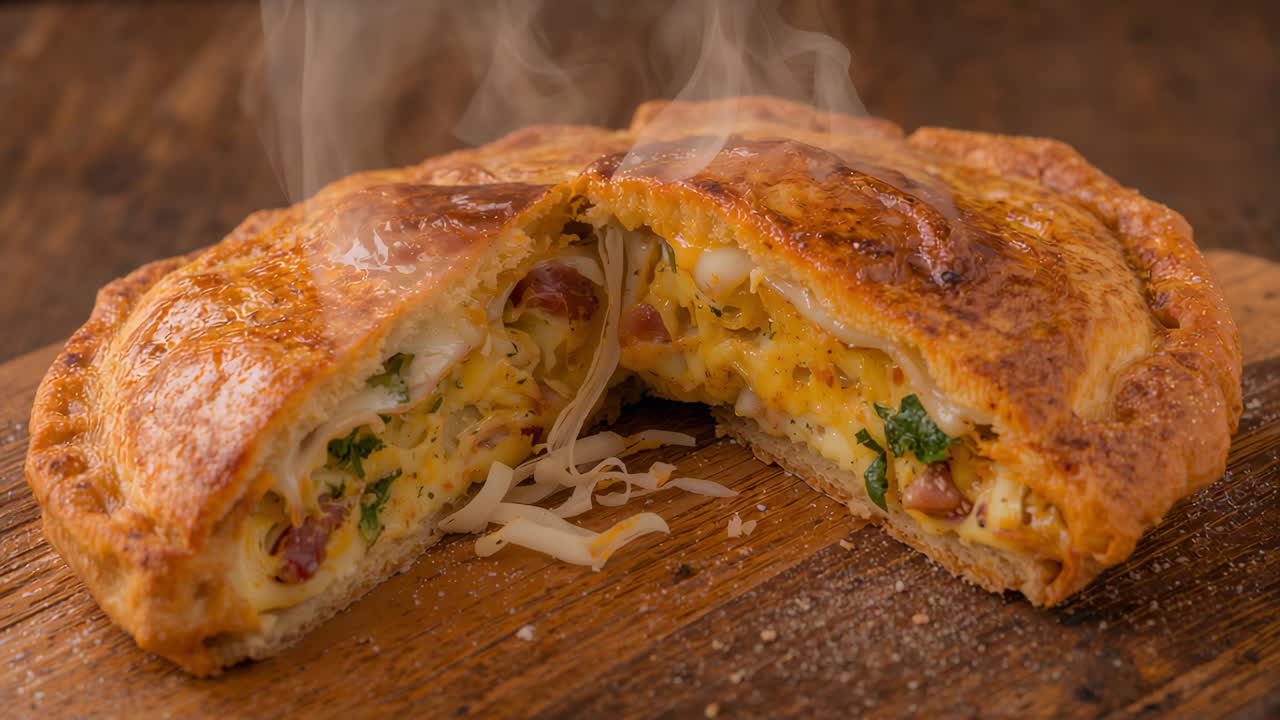 Vapore che sale causando la fuoriuscita di formaggio filante da una pasta sfoglia tagliata a metà su una tavola di legno, con erbe aromatiche e salsiccia