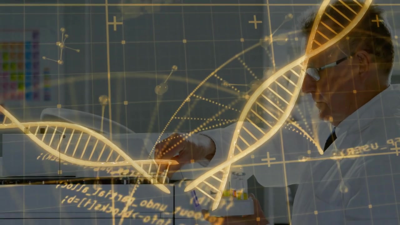 Researcher raising pipette, pipetting into tube, golden DNA overlay accenting transfer for genomics