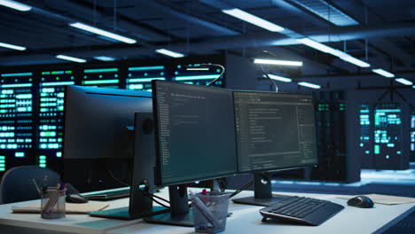 Multi-monitor-computer-setup-in-data-center-used-for-monitoring-security-threats