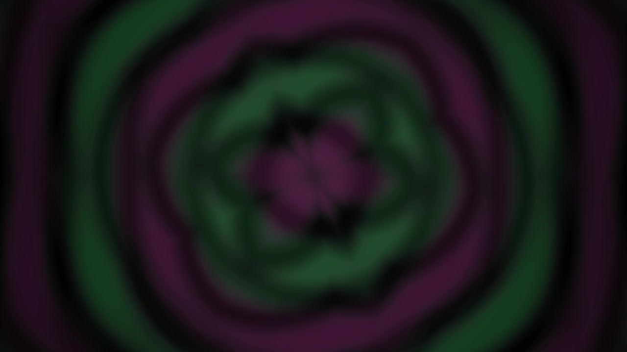 Padrão de Caleidoscópio Abstrato com Formas Verdes e Roxas Pulsantes