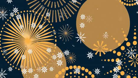 animation of christmas snowflakes over orange and gold new year fireworks on black background