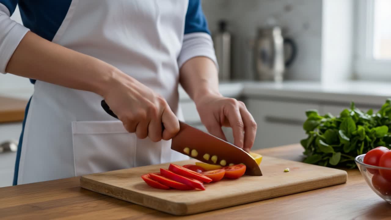 A Culinary Journey: Skillful Hands Slice Fresh Ingredients Including Tomatoes, Peppers, and Lemon for a Delicious Recipe in a Bright Kitchen