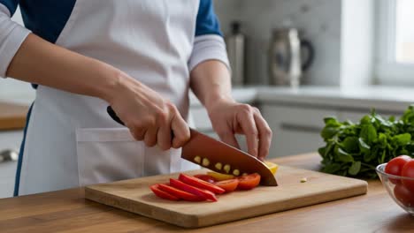 a culinary journey: skillful hands slice fresh ingredients including tomatoes, peppers, and lemon for a delicious recipe in a bright kitchen