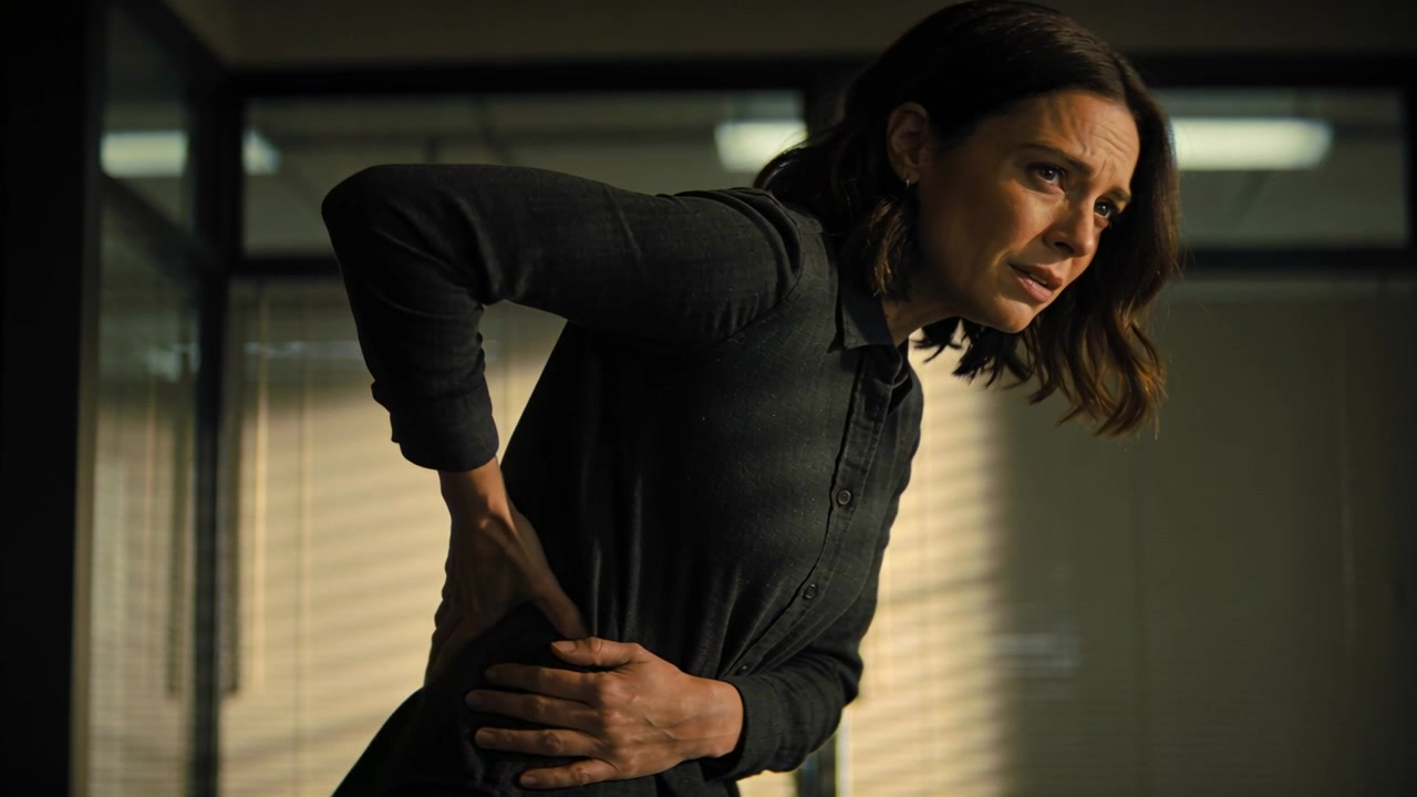 Shifting woman in dark blouse feeling sudden pain pressing lower back near glass wall and blinds
