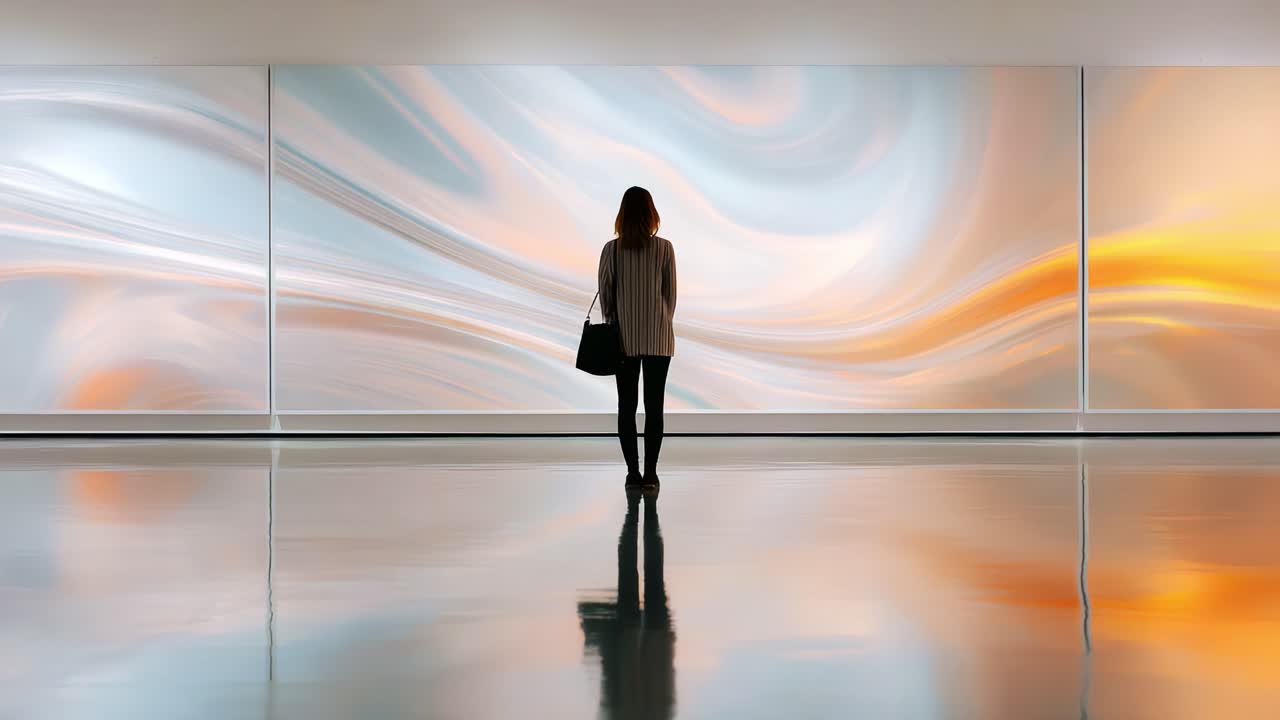 An Enigmatic Encounter with Abstract Art: A Contemplative Figure Stands Alone Before A Captivating Swirl of Colors Illuminating the Gallery's Spacious Ambiance