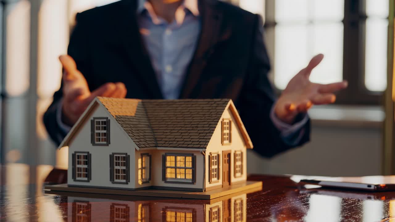 Inquadratura dal basso di una casa in miniatura su un tavolo, con una persona sullo sfondo