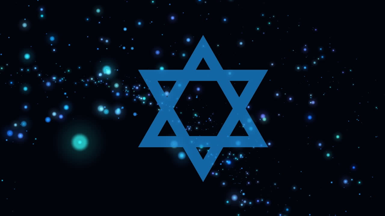 블루 스타 오브 데이비드 (blue star of david) 로스 하샤나 (rosh hashanah) 에서 흑색 바탕에 빛나는 불빛이 있습니다.