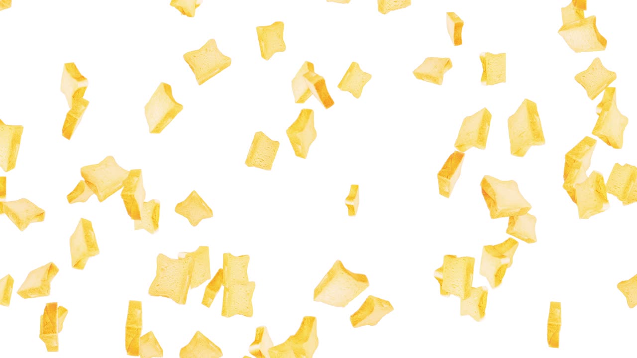 색 배경에 많은 평평한  조각을 날아. 식품, 음식 및 먹는 개념. 밀  조편의 3d 애니메이션 회전. 루프 애니메이션.