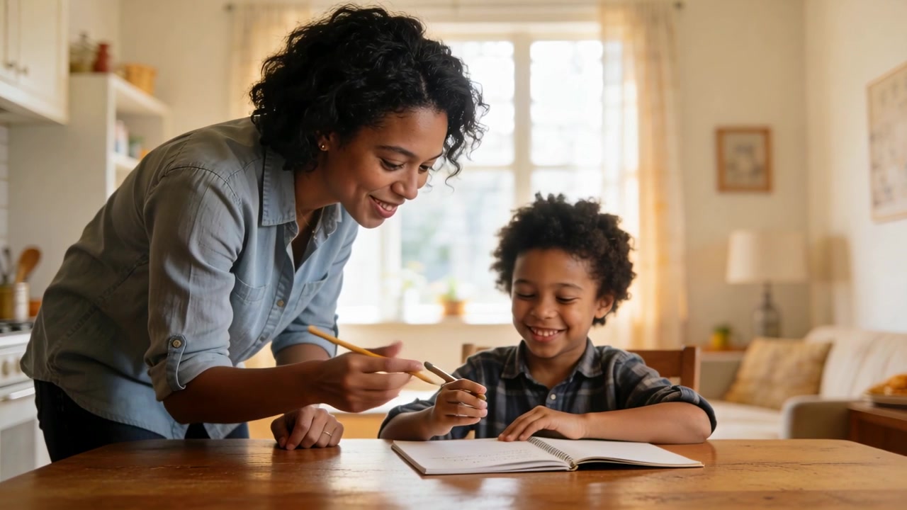 Leaning mother guiding son's hand at home table, pointing at notebook, building writing confidence