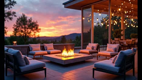 vistas al atardecer desde un moderno patio al aire libre con un pozo de fuego