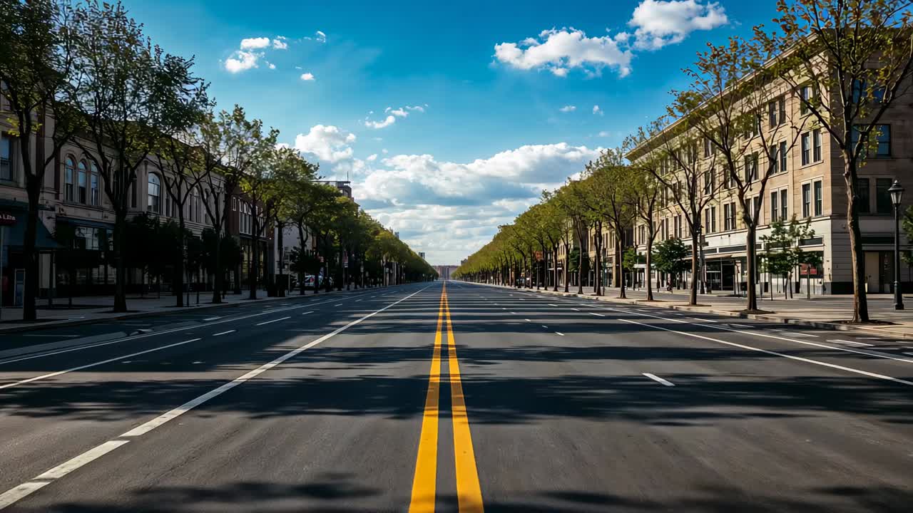 Gliding camera starting low and moving forward down boulevard, revealing double yellow centerlines