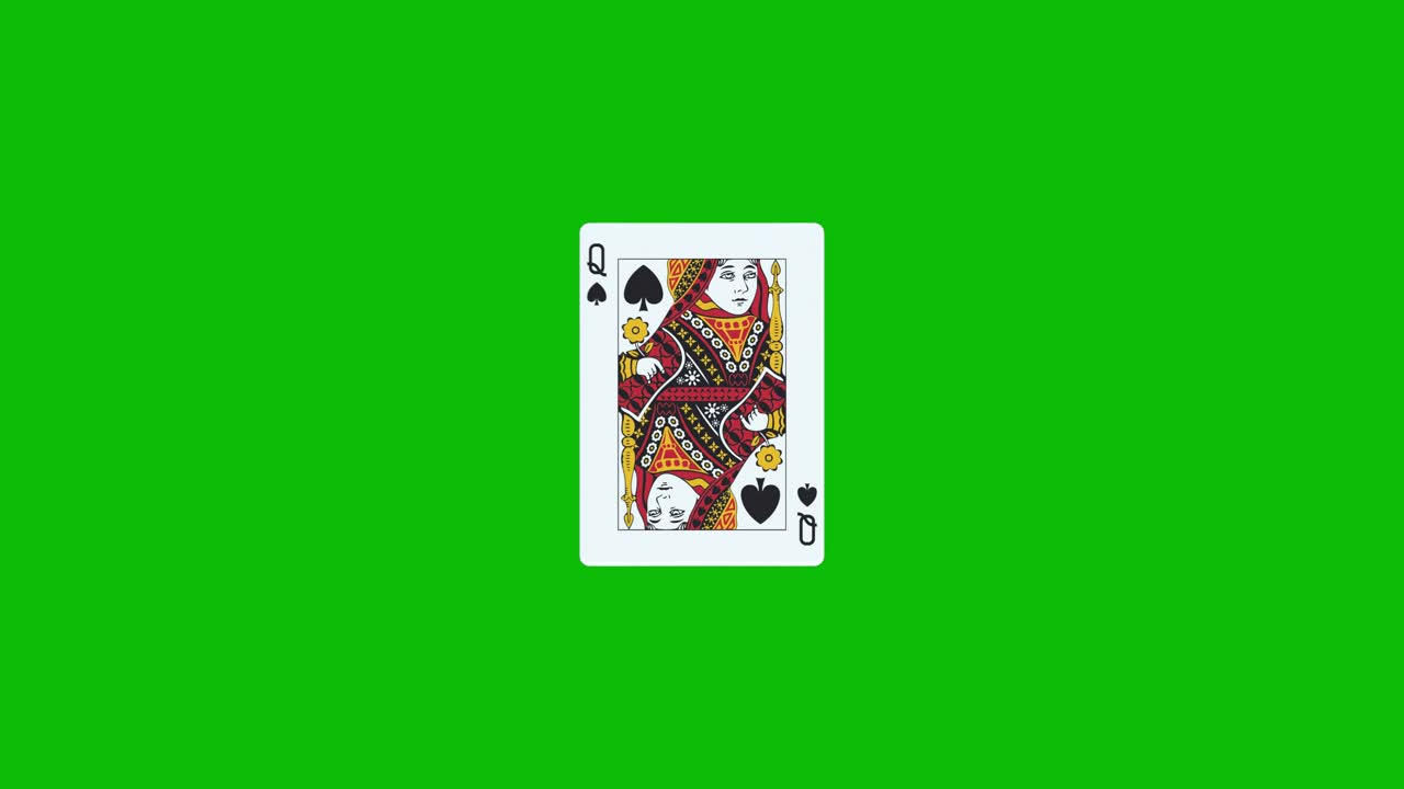 Una carta da poker con la regina di picche ruota e si rivela su uno schermo verde, animazione 3D. Puoi modificare la durata della clip per controllare l'effetto rivelatore.