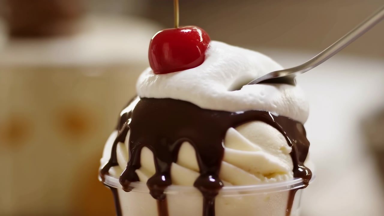 Un banana split con panna montata e salsa al cioccolato viene accuratamente prelevato con un cucchiaio, catturato in una prospettiva ravvicinata dall'alto. L'ambientazione è probabilmente una cucina interna.