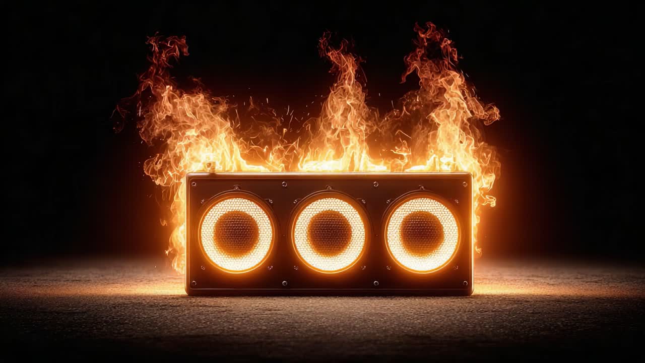 Un'immagine suggestiva di un potente altoparlante che emette fiamme ardenti, mettendo in mostra un'intensa esibizione di suono e luce in un ambiente buio, evocando energia ed eccitazione.
