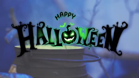 Animation-of-happy-halloween-text-with-green-smoke-on-blue-background