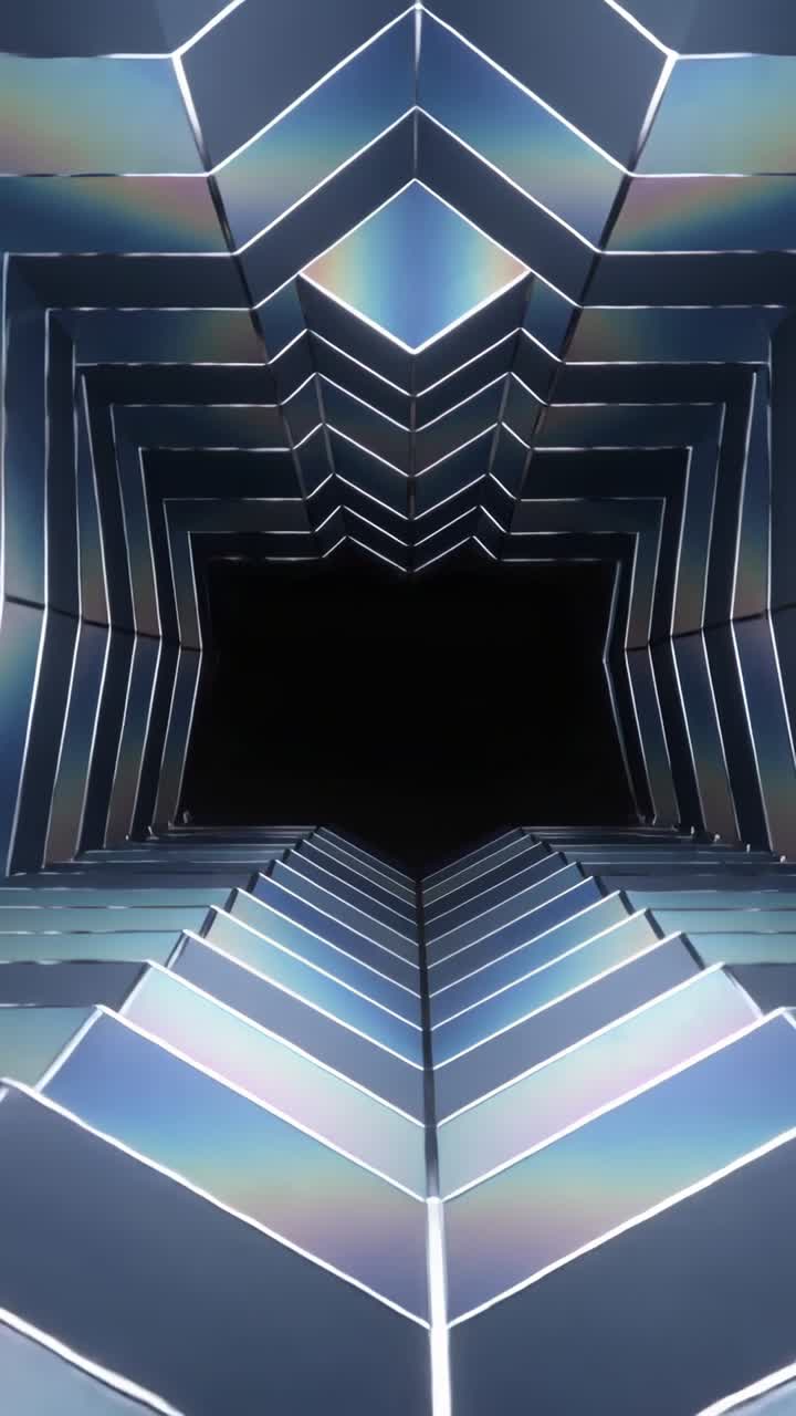 Vertical video: Advancing camera pushing through metallic chevrons in digital set, revealing void