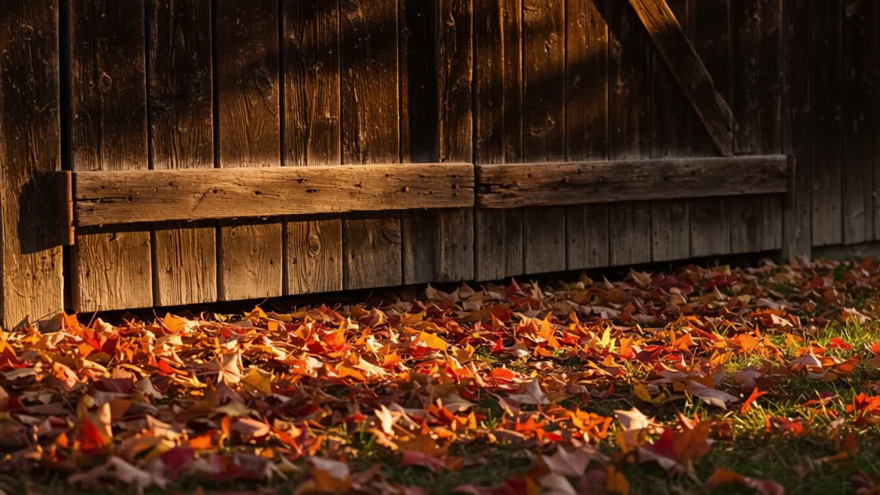 A serene autumn landscape showcases vibrant fallen leaves in hues of orange and yellow, beautifully framing a rustic wooden barn backdrop, evoking a peaceful seasonal transition