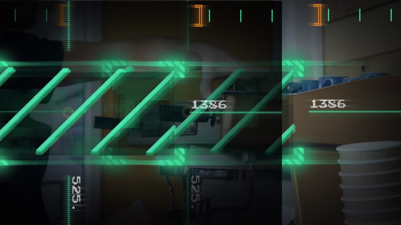 Animation of data processing over man in coffee shop