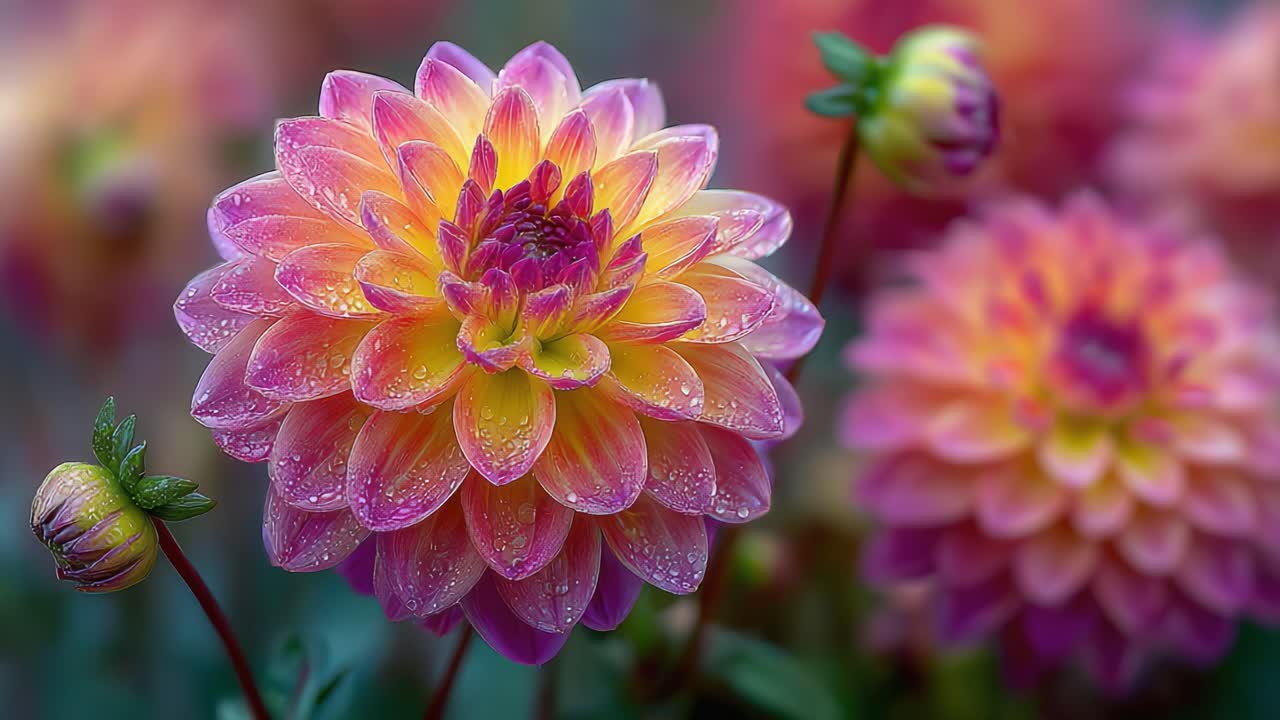 A Stunning Display of Vibrant Dahlias with Dewdrops Reflecting Light, Showcasing Their Unique Color Combinations and Intricate Petal Structures in a Nature Setting