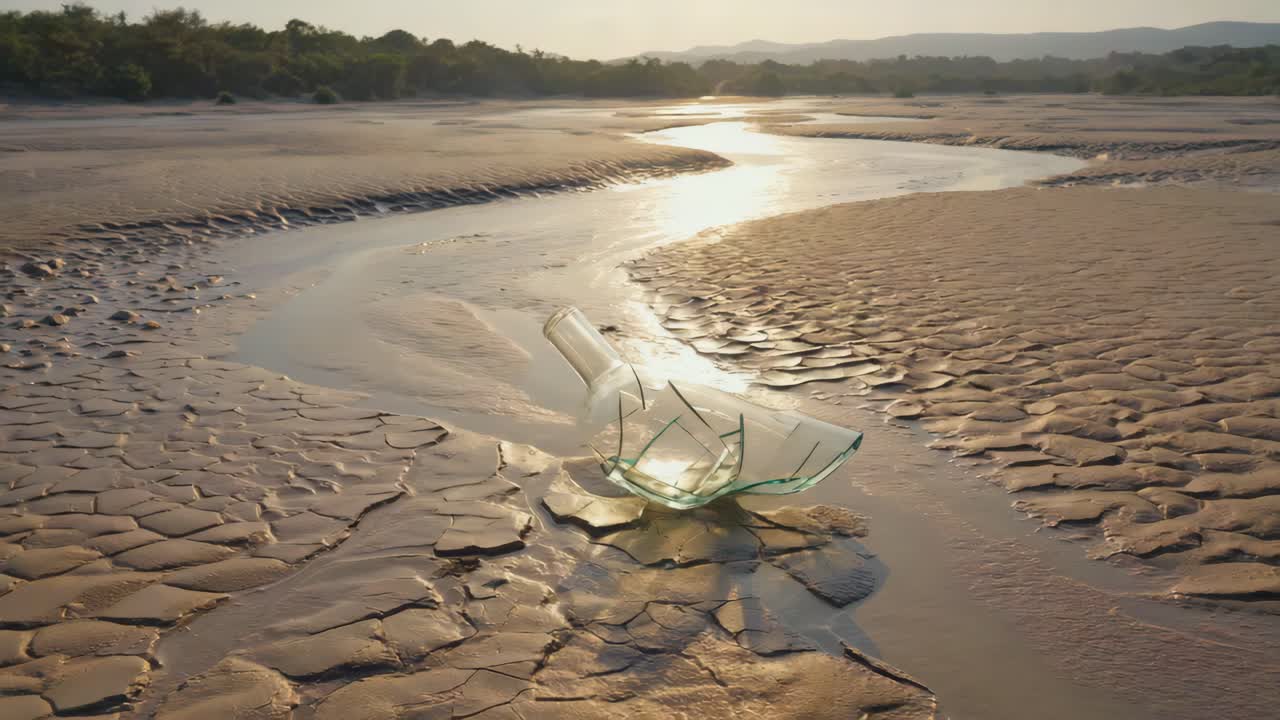 Broken Glass Bottle on Cracked Riverbed at Sunset