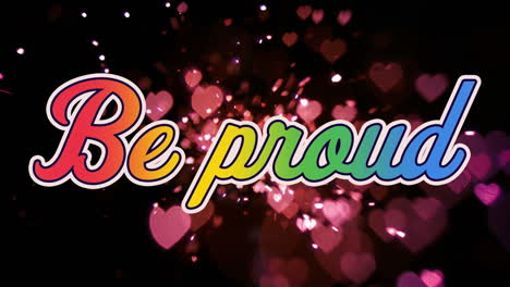 animation of retro be proud rainbow text multiple pink hearts on black background