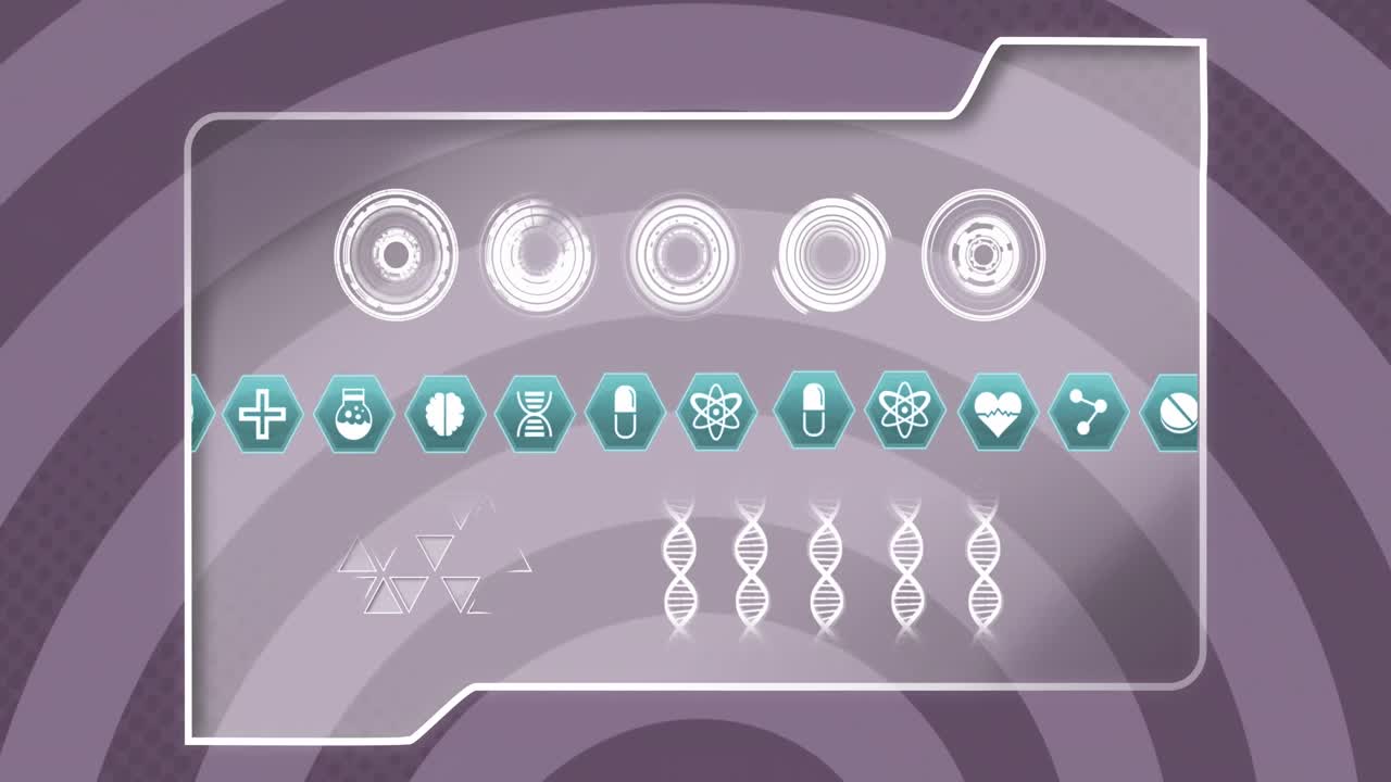 Animation of multiple medical icons over folder icon against purple radial background
