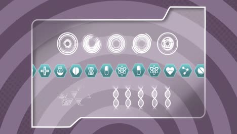 Animation-of-multiple-medical-icons-over-folder-icon-against-purple-radial-background