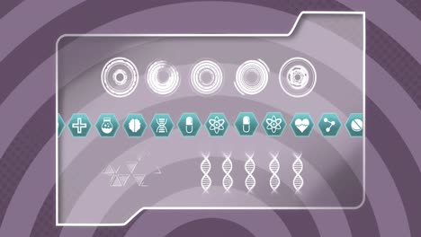 animation of multiple medical icons over folder icon against purple radial background