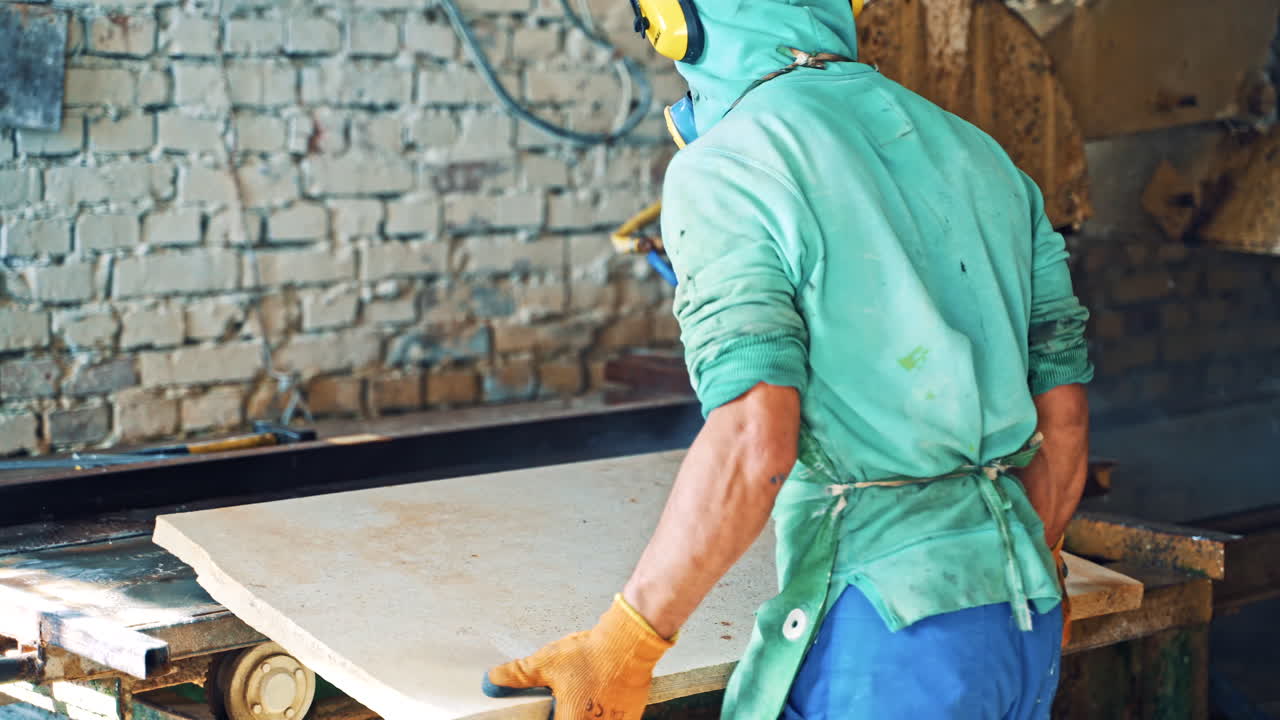 Worker at stone CNC machine cutting the slab at stone factory. Male worker in special clothers with mask and headphones putting slab into the machine.