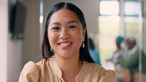 Woman,-face-and-smile-in-office