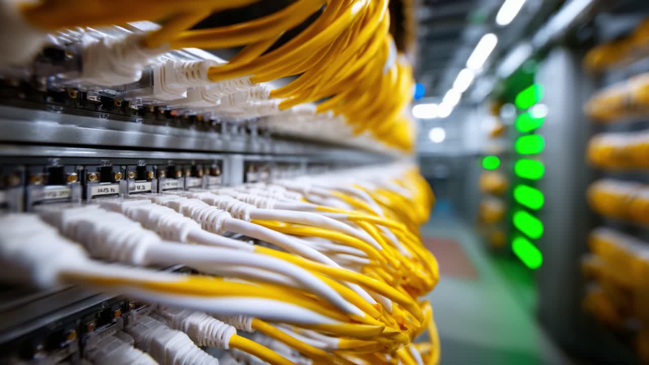 A Close-Up View of Network Cable Infrastructure in a Server Room Showcasing Dense Arrangement of Yellow and White Cables Connected to Switches and Power Sources