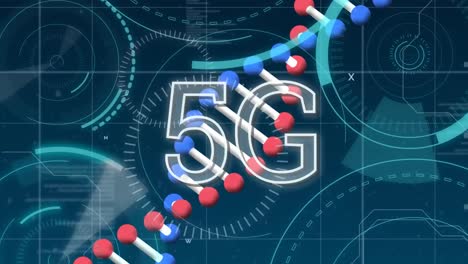 animación de texto 5g y cadenas de adn sobre escaneado de alcances
